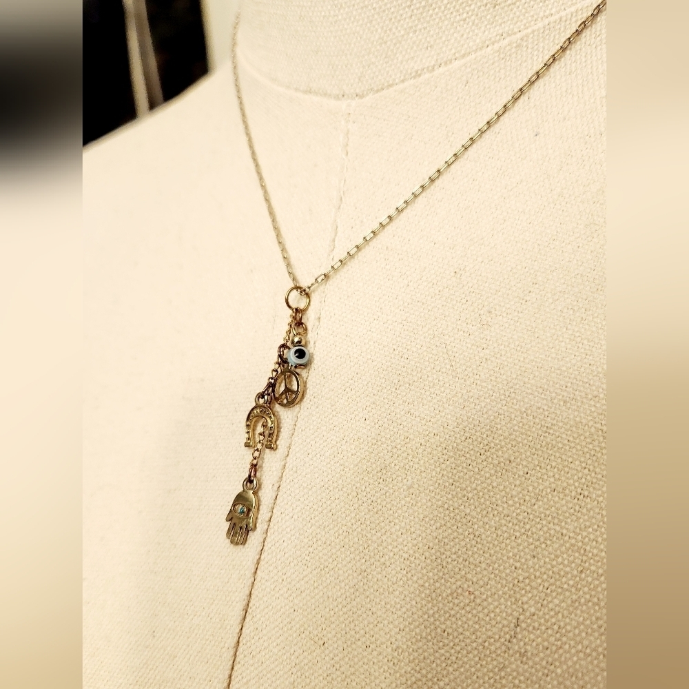 Hamsa Hand Evil Eye Horseshoe Peace Sign Necklace - Picture 8 of 14